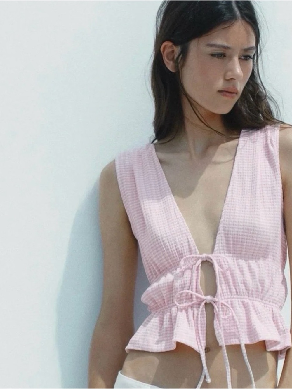 Zara Light Pink Tie-Front Ruffled Crop Top